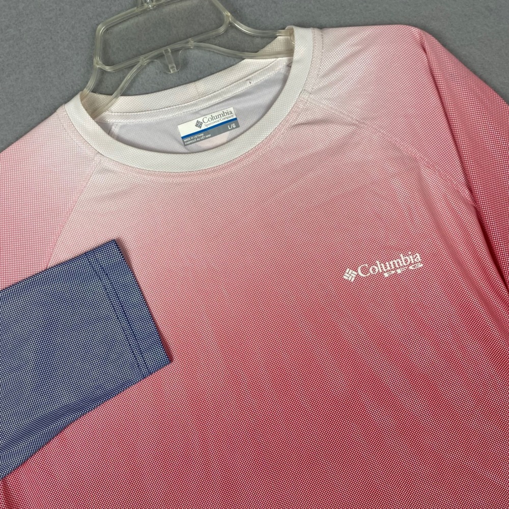 Columbia PFG Mens Large Red Blue Ombre Long Sleeve Fishing Shirt FM0070 UPF